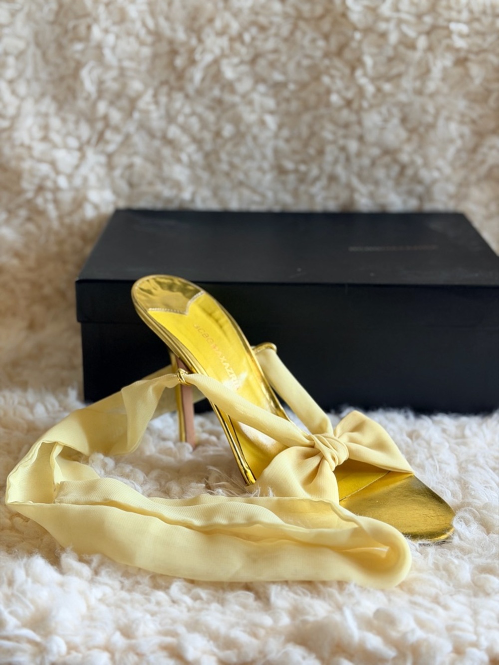 Vintage BCBG Max Azria Gold Ankle Wrap Heels Chiffon Bow Y2K Coquette Heels 8.5⁠ - Picture 2 of 6